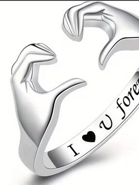 Silver Open Heart Hands Ring with 'I ♥ U forever' Engraving ring.